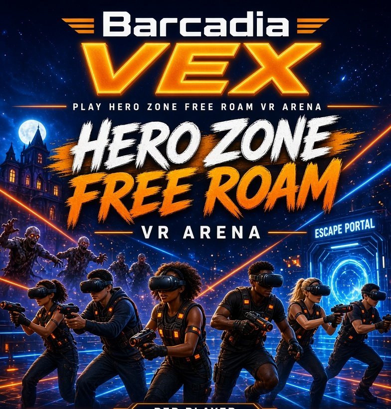 Players in VR headsets in the Barcadia VEX Hero Zone free roam arena